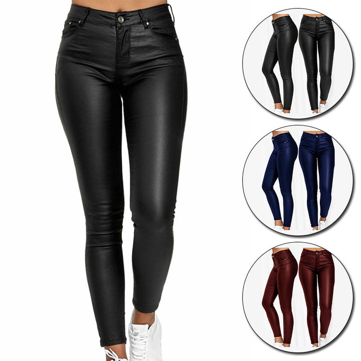 Comfortable women's skinny fit stretch leather trousers with a high waist. Versatile everyday chic style.