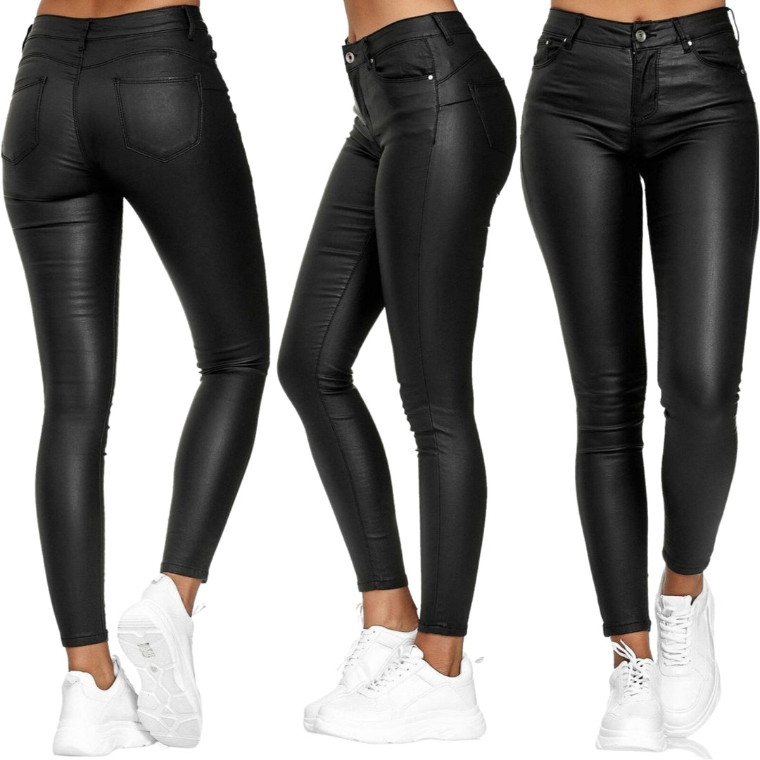 Elegant black high waist stretch leather pants for women. Sleek slim fit, ideal for fall fashion outfits.