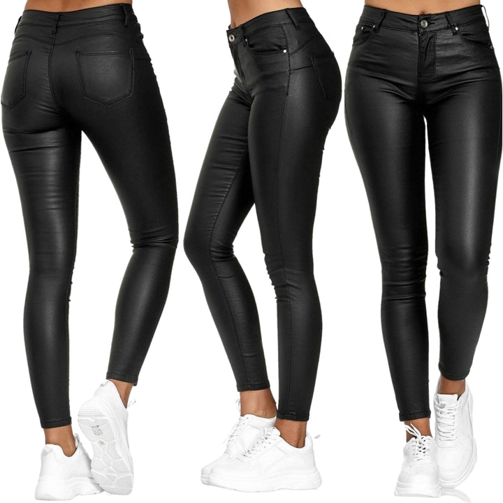 Elegant black high waist stretch leather pants for women. Sleek slim fit, ideal for fall fashion outfits.