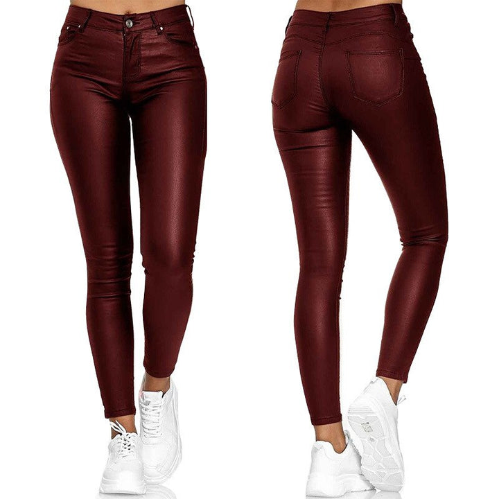 Versatile women's high waist stretch leather trousers. Comfortable, skinny fit for everyday elegance.