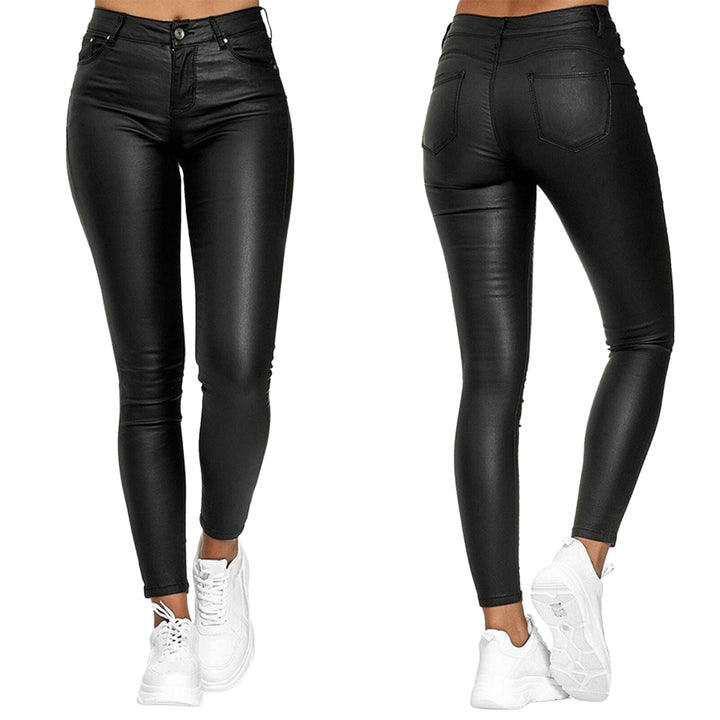 Women's sleek fit leather stretch trousers with high waist. Perfect for sophisticated winter ensembles.