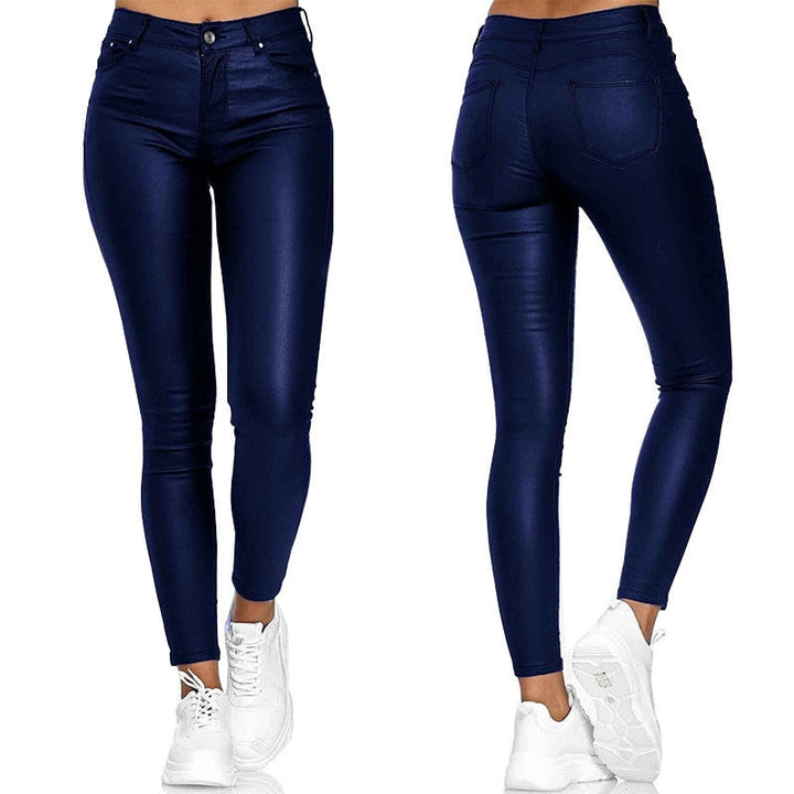 Comfortable high waist women's leather pants. Skinny fit stretch trousers for fall & winter fashion.
