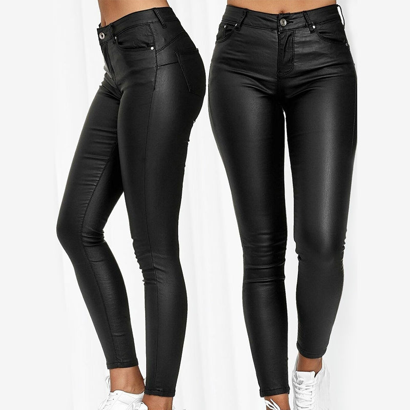Elegant women's high waist stretch leather trousers. Slim fit, ideal for everyday and formal wear.