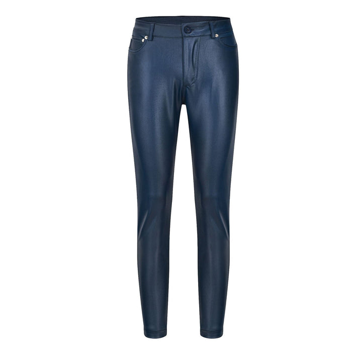 Sleek black high waist stretch leather pants for women. Comfortable skinny fit, versatile fall apparel.