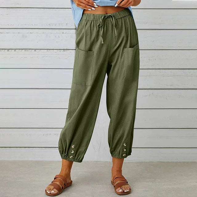 Relaxed fit high waist women's trousers offering a comfortable wide leg style for casual outfits.