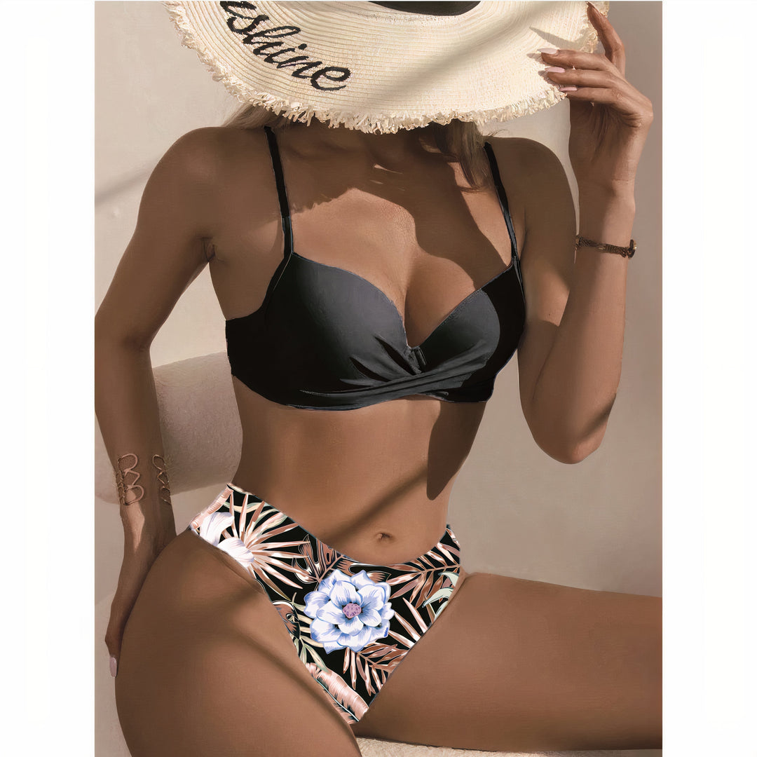 Women's high waisted bikini set, classic black, comfortable & flattering swimwear.