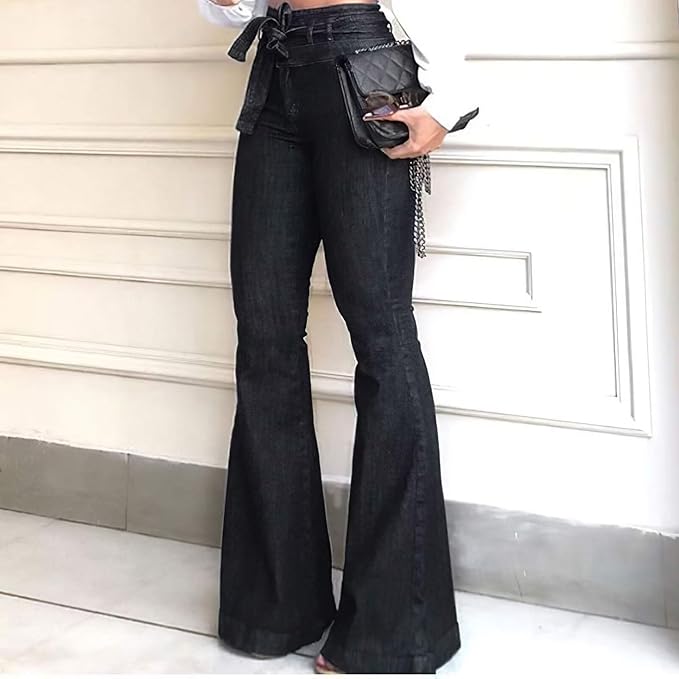 Women's high-waisted flare jeans with stylish tie belt in retro denim, perfect for a chic 70s look.