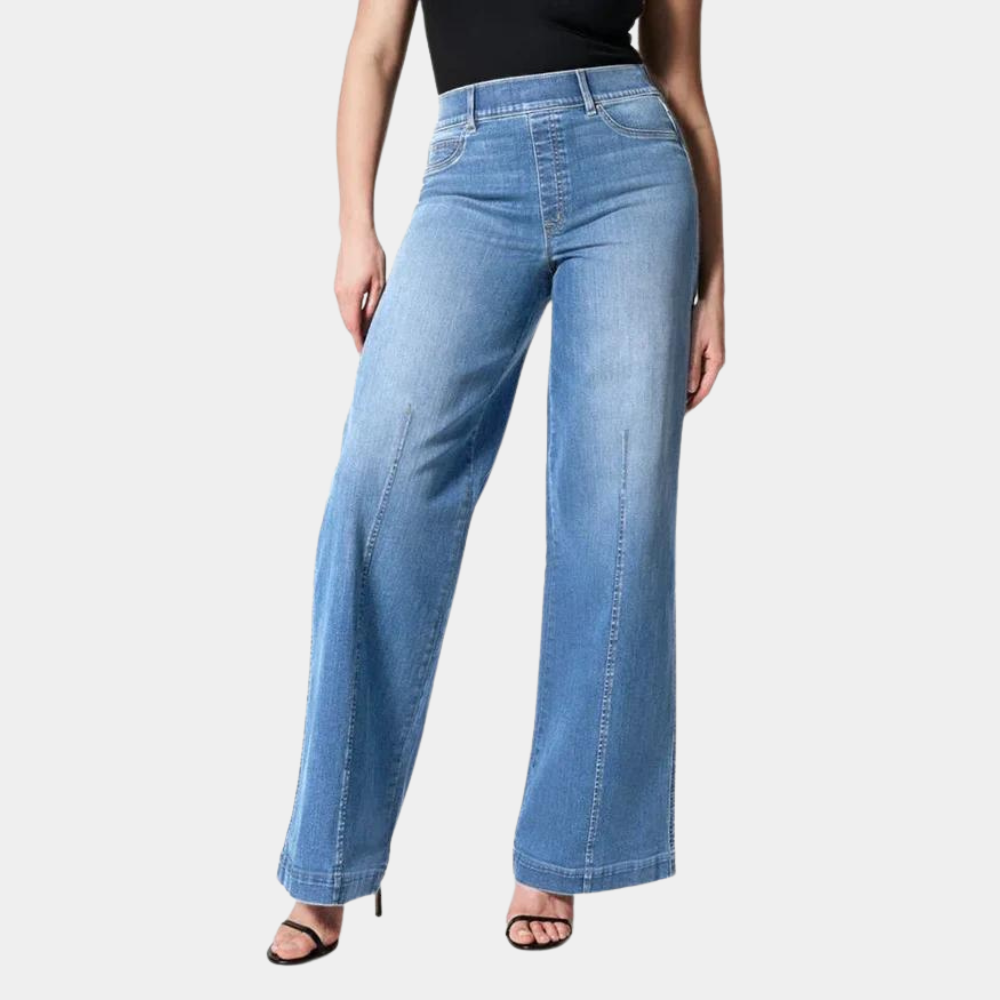 Women's high-waisted, wide-leg stretch jeans in blue denim. Comfortable & stylish for everyday casual wear.