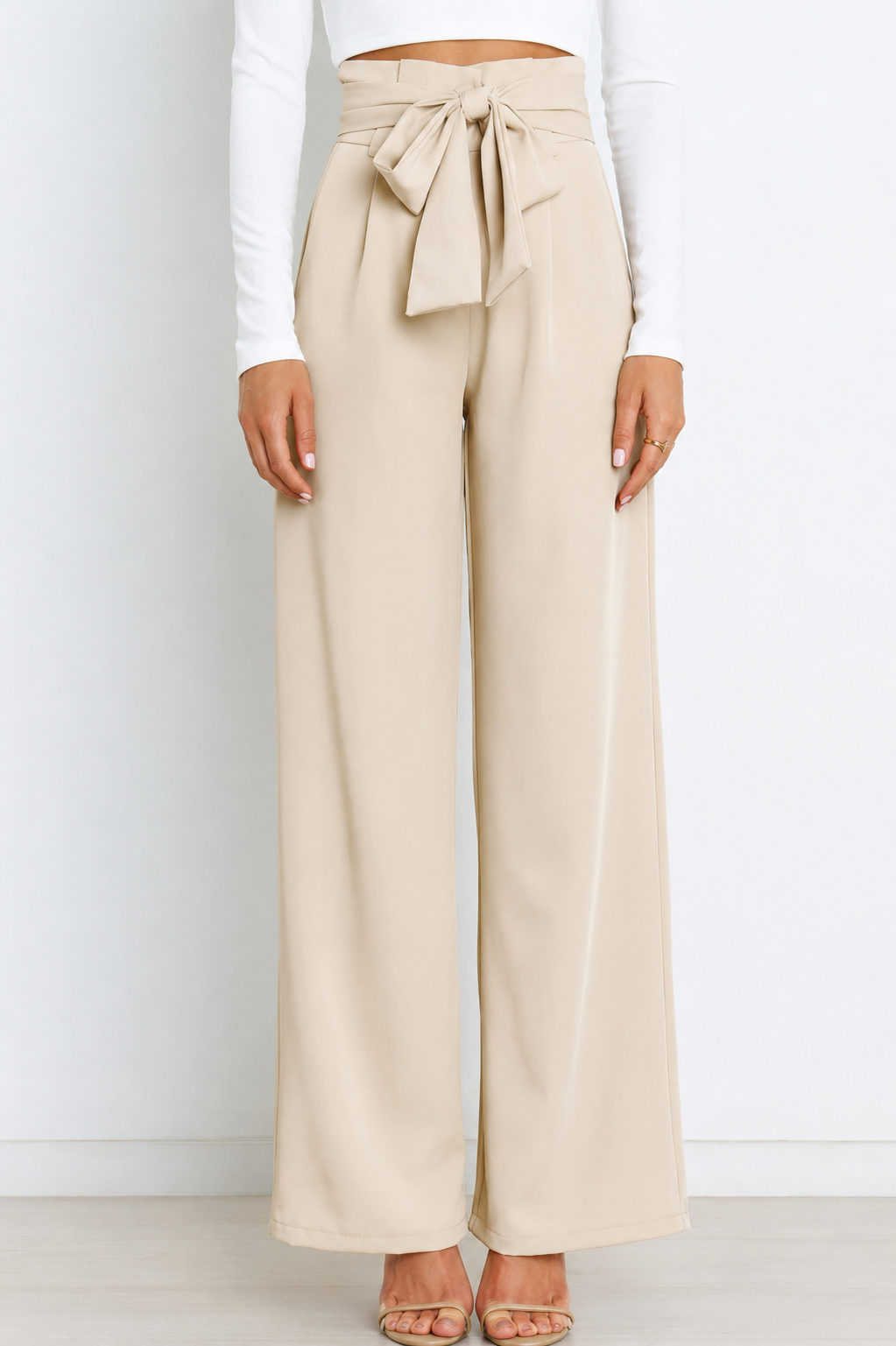 Women's high-waisted wide-leg work pants for professional office wear, elegant and comfortable.