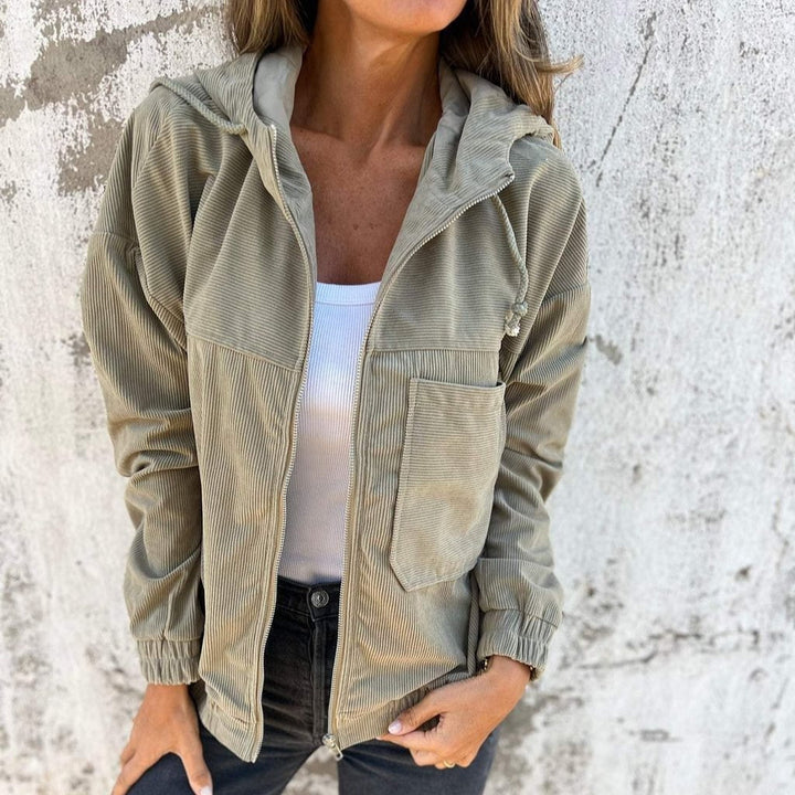 Women's hooded casual jacket in a loose fit, perfect for comfortable everyday wear & trendy street style.