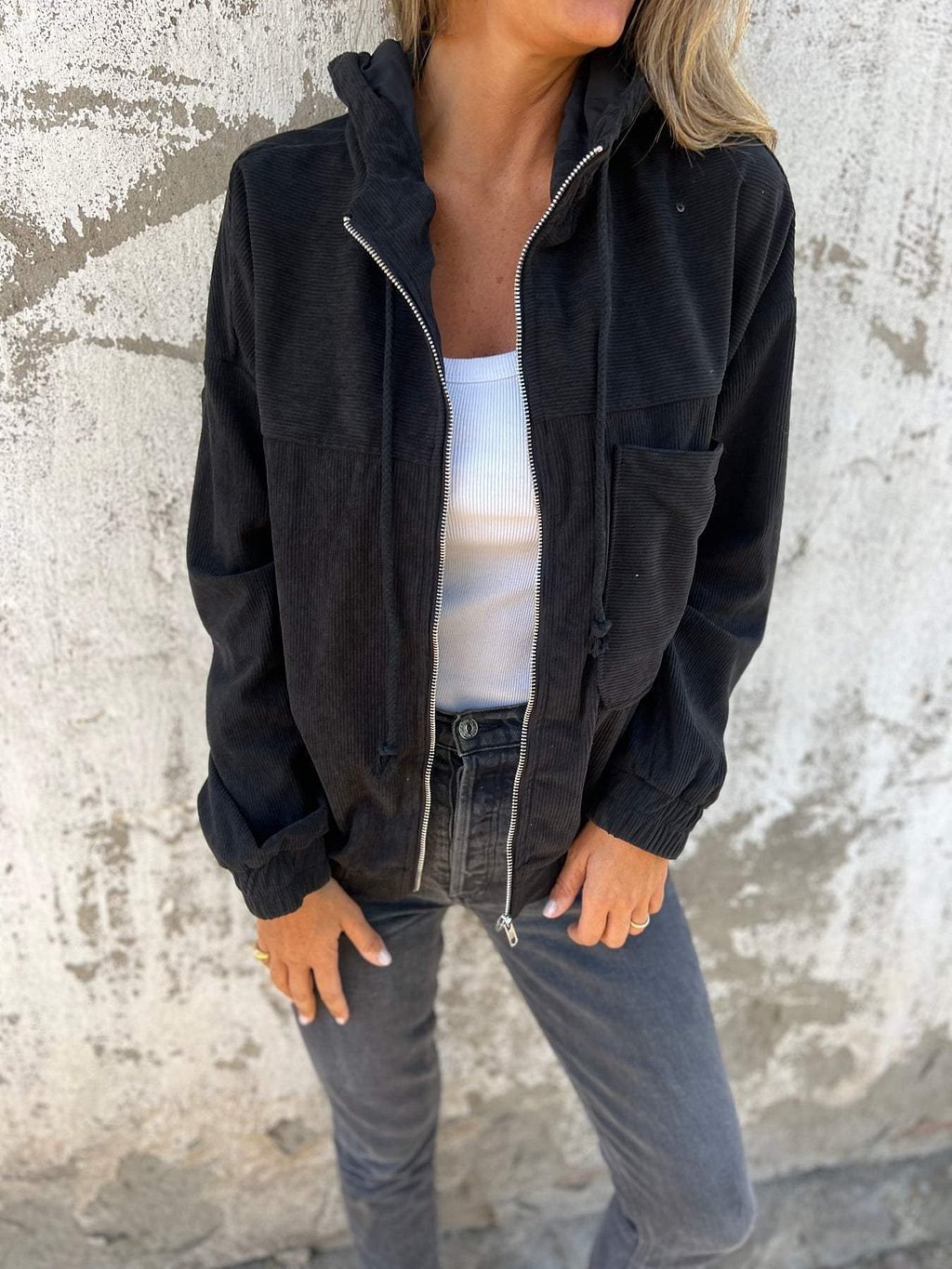 Stylish women's hooded casual jacket with a loose fit, great for trendy street style & comfortable outerwear.
