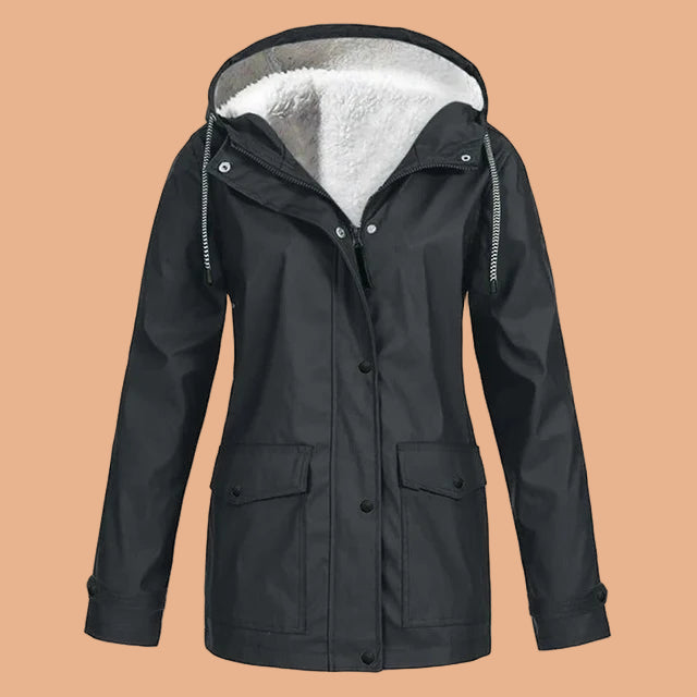 Women's hooded mid-length utility winter jacket, warm & stylish for cold weather.