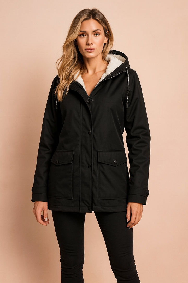 Insulated women's mid-length hooded winter jacket, ultimate warmth for freezing temperatures.