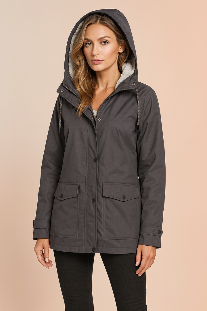Versatile women's utility mid-length hooded jacket, perfect for urban and outdoor cold weather.