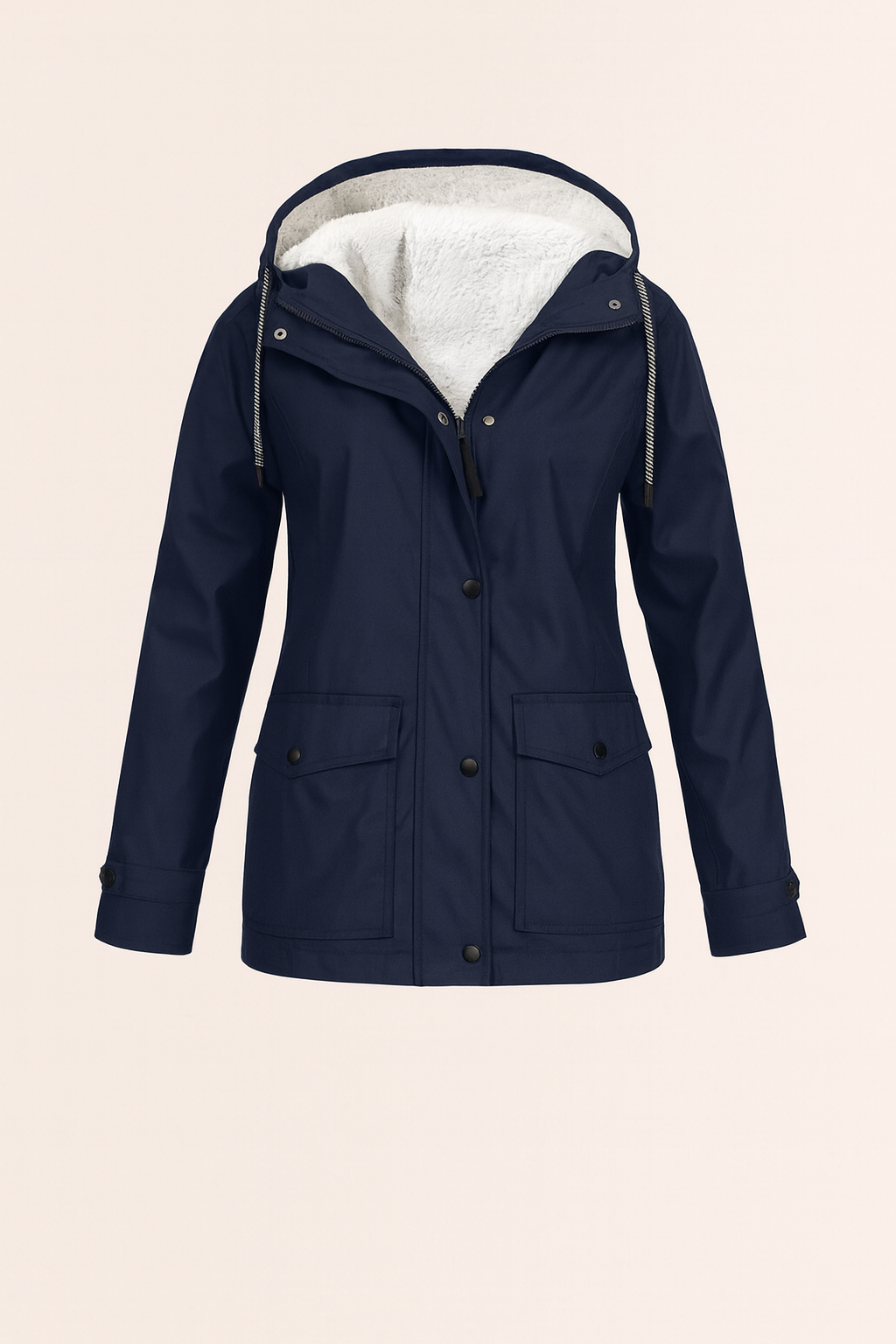 Back view of a stylish women's hooded winter jacket, practical mid-length cut for active wear.