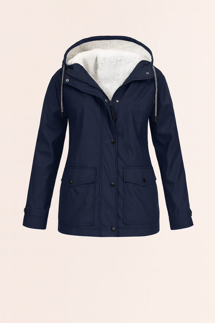 Back view of a stylish women's hooded winter jacket, practical mid-length cut for active wear.