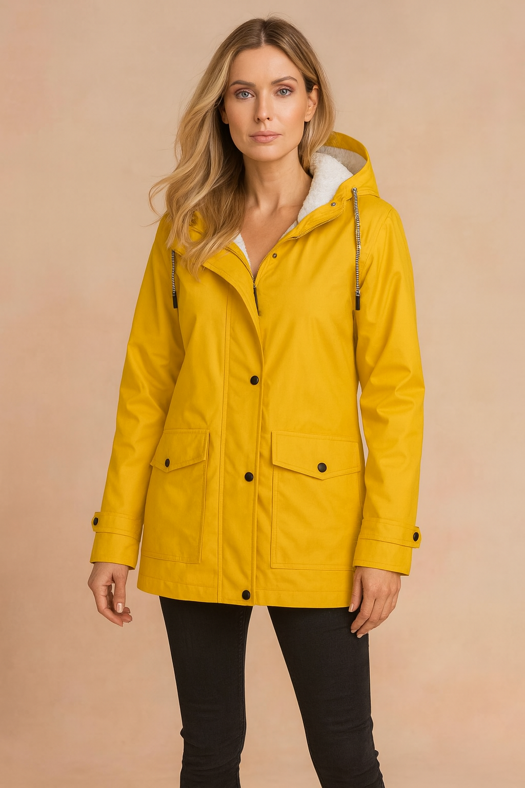 Woman hiking in a warm women's mid-length winter parka, outdoor adventure and cold weather gear.