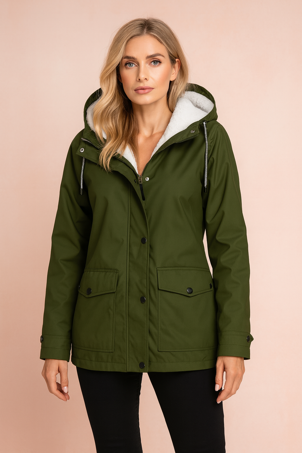 Stylish women's hooded mid-length utility winter jacket, versatile cold weather parka for women.