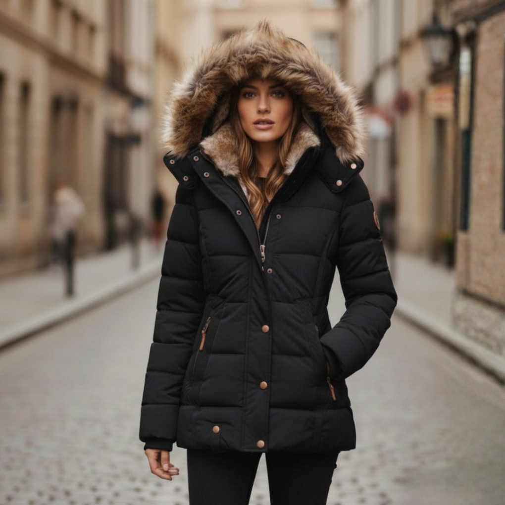 Women's hooded padded jacket for everyday warmth. Cozy fall outerwear, perfect for ladies' autumn style.