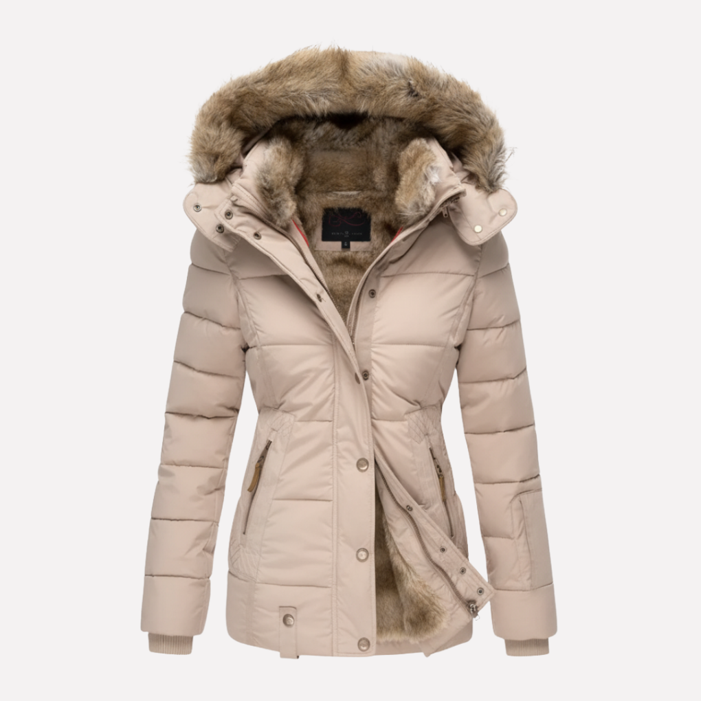Ladies' hooded padded winter jacket, lightweight & warm. Ideal casual outerwear for travel & daily use.