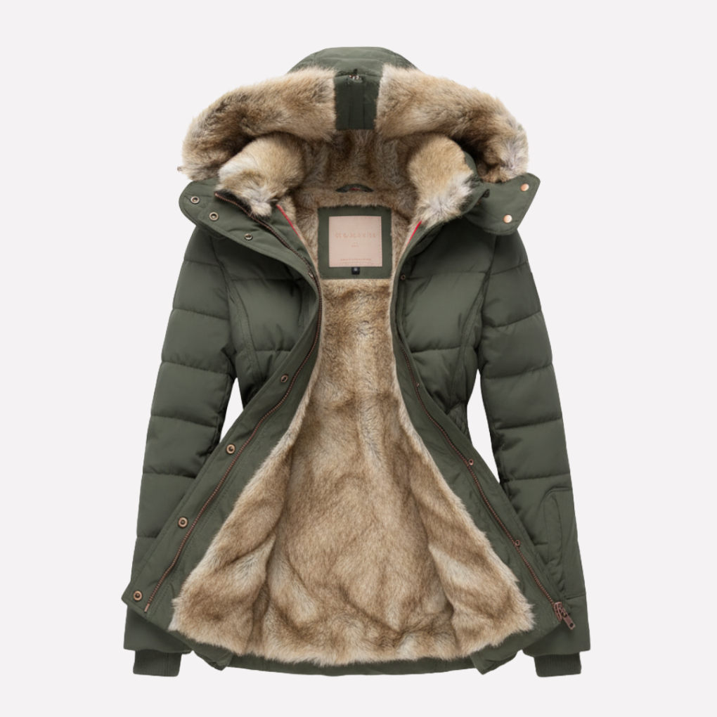 Stylish women's hooded padded jacket, offering cozy comfort & warmth. Essential everyday fall fashion.