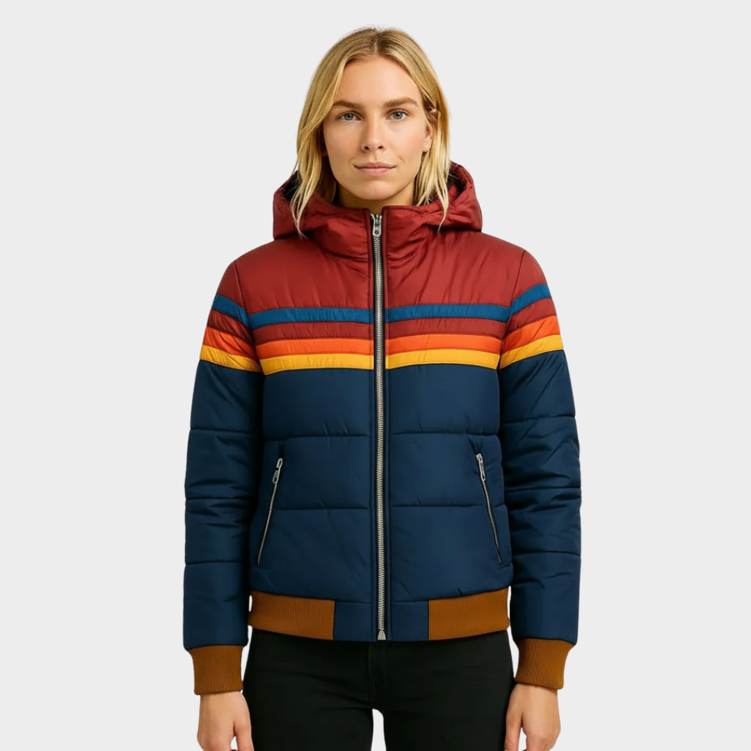 Women's hooded striped puffer jacket, retro style for warm winter outerwear fashion.