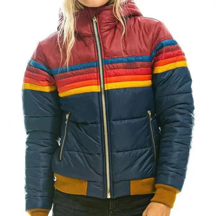Warm women's striped puffer jacket with hood, perfect for casual retro winter fashion.