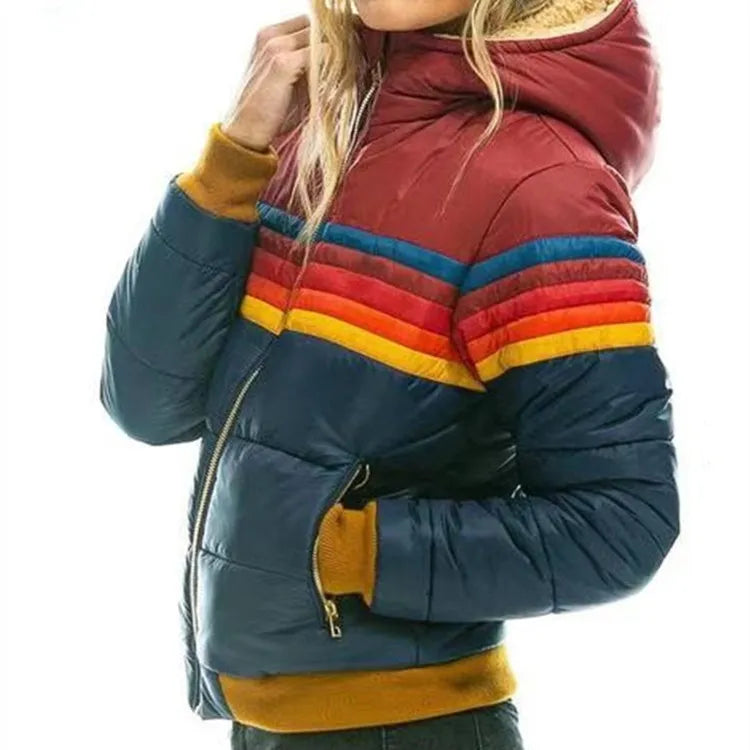 Vibrant striped women's hooded puffer jacket, a stylish retro winter coat for outerwear.