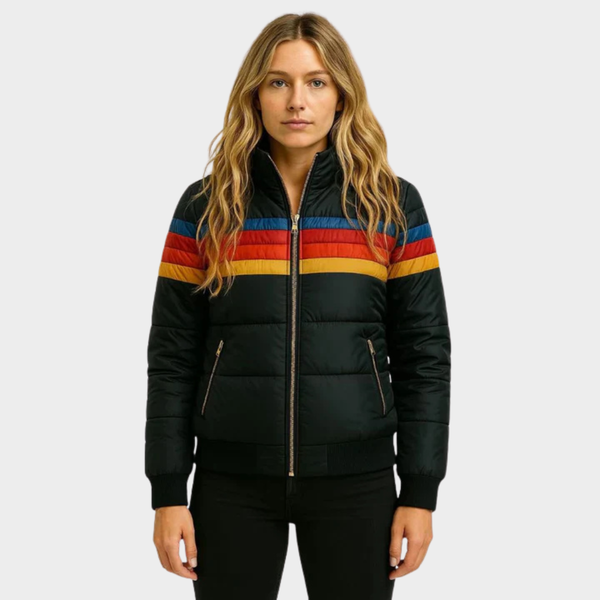 Cozy women's hooded striped puffer jacket, ideal for cold winter days & retro casual style.