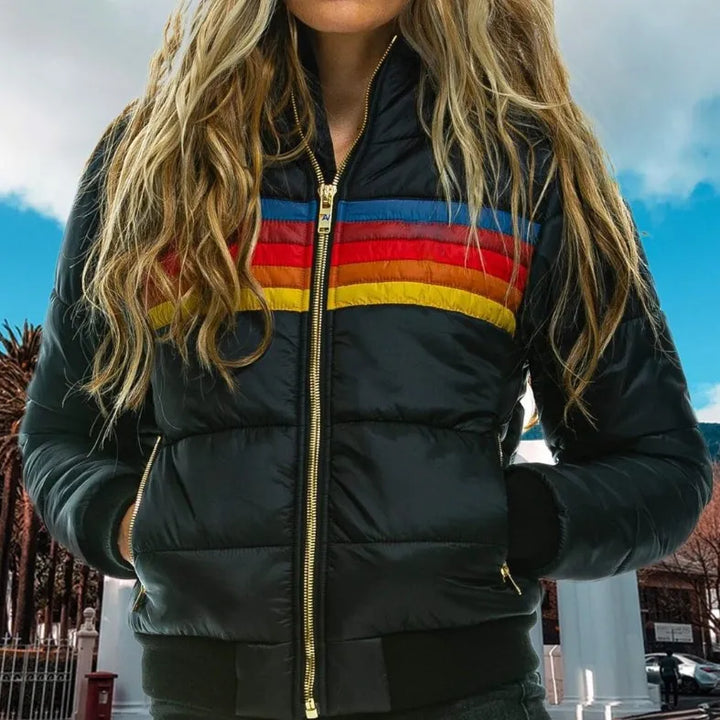Fashionable women's striped hooded puffer jacket, a warm & colorful retro winter outerwear.