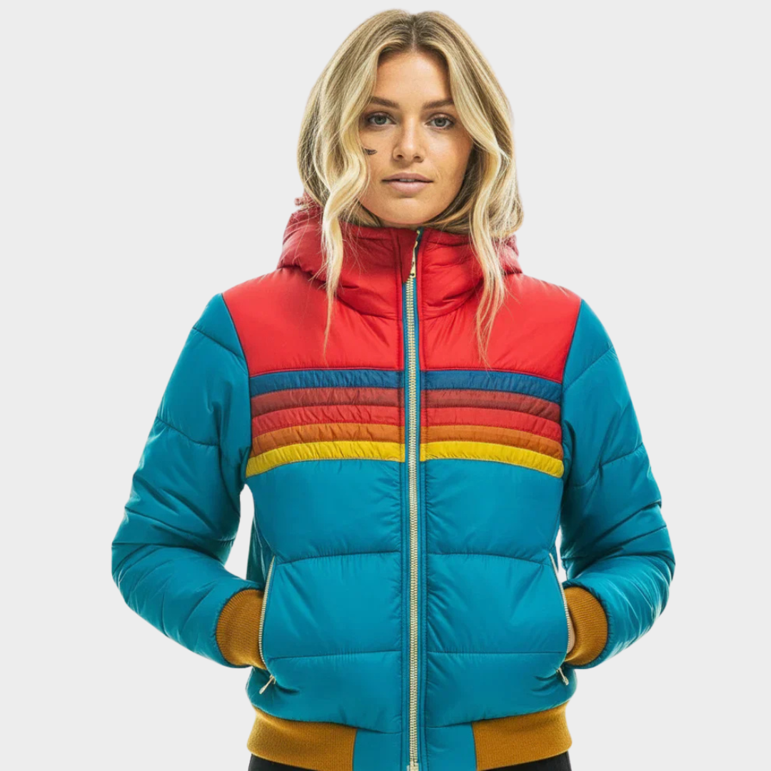 Retro striped puffer jacket for women, featuring a hood & warm design for winter style.