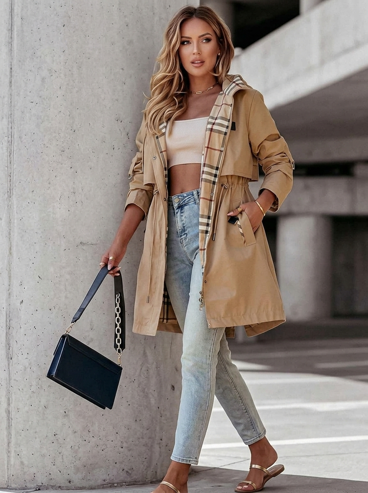 Stylish women's long hooded trench coat. Features a chic plaid lining & adjustable drawstring for versatile outerwear.