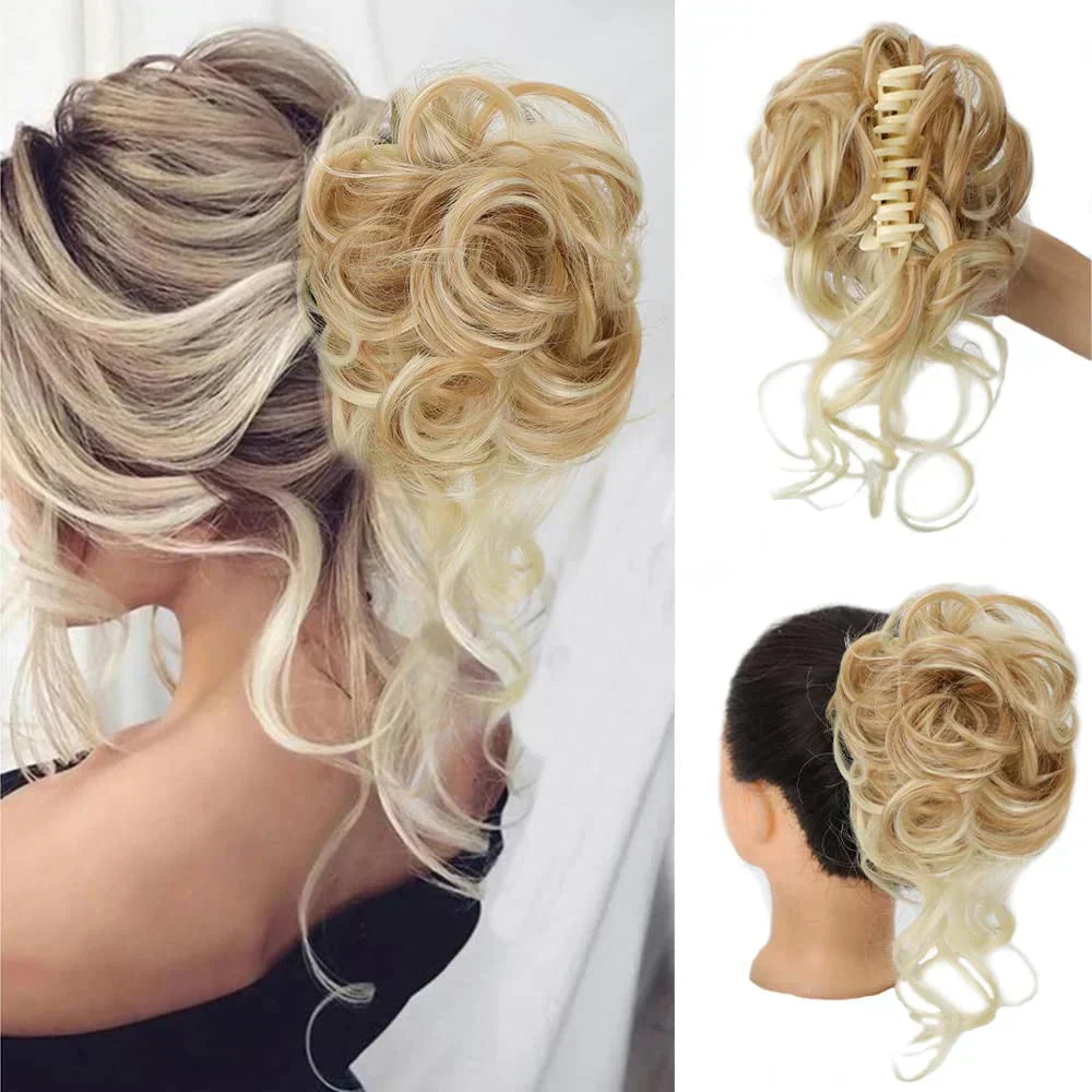 Blonde synthetic instant bun clip, perfect updo accessory for quick, voluminous women's hair.
