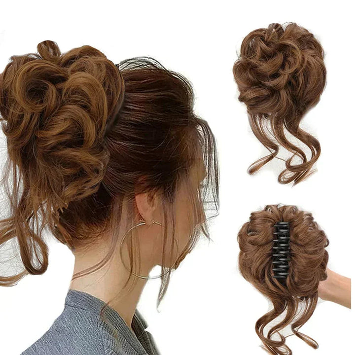 Instant hair bun clip, women's easy updo accessory, synthetic hair for quick volume.