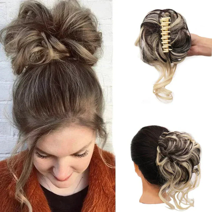 Synthetic hair bun clip, women's instant updo accessory, achieve quick, beautiful hairstyles.