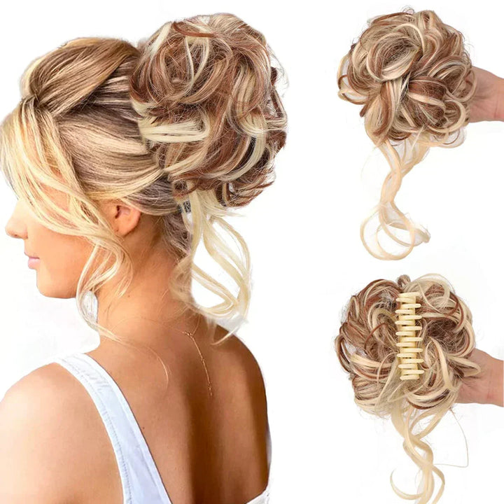 Blonde instant hair bun clip, synthetic updo accessory for women, adding quick volume & style.