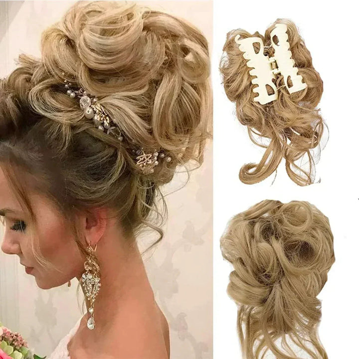 Brown instant hair bun clip, easy updo styling accessory, synthetic hair for quick elegant looks.