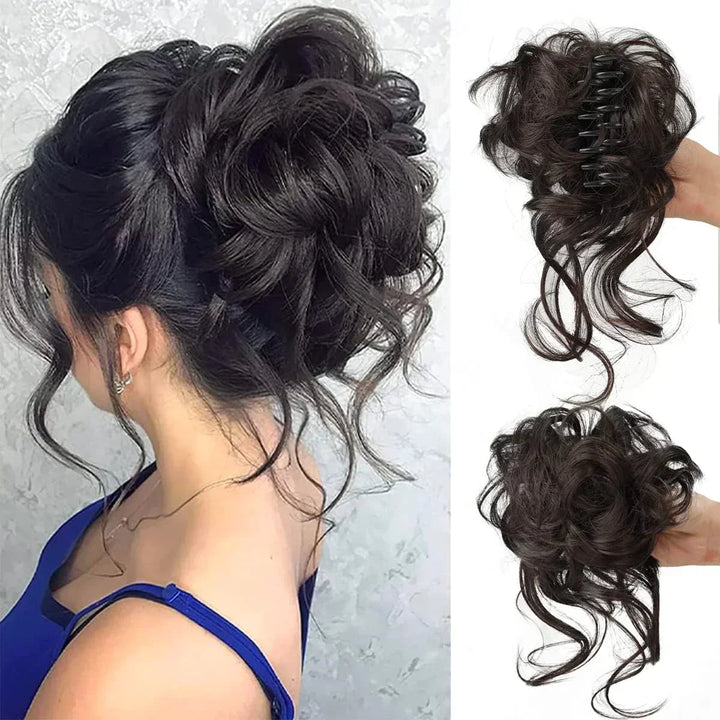 Black instant hair bun clip for women, synthetic hair updo accessory, create quick hairstyles.