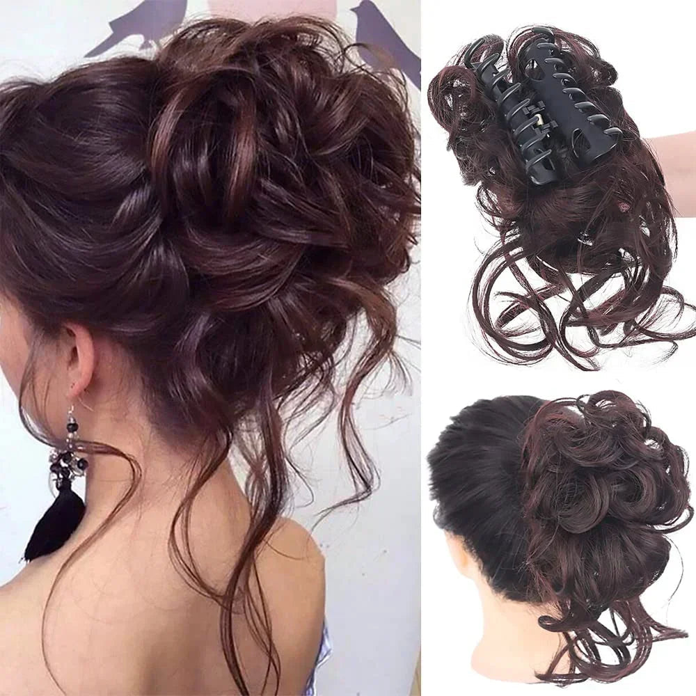 Synthetic hair bun clip, instant women's updo accessory for quick volume and effortless style.