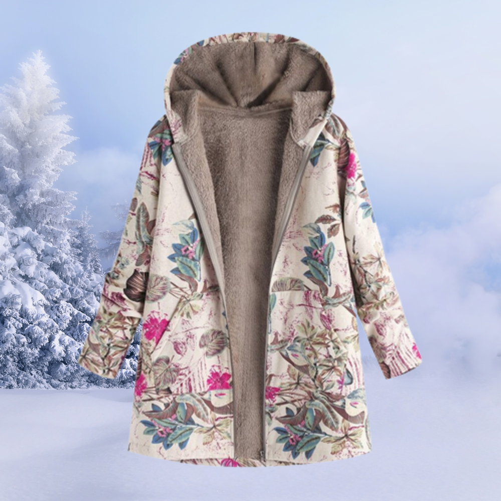 Women's Ivy floral winter jacket with cozy hood for stylish cold weather fashion.