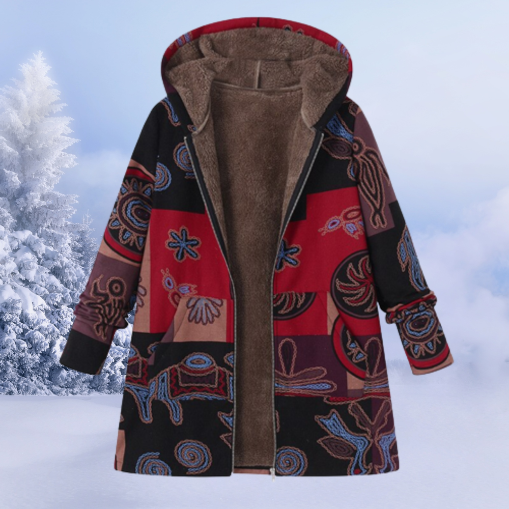 Warm women's winter jacket, floral print design, hooded and comfortable for cold weather.