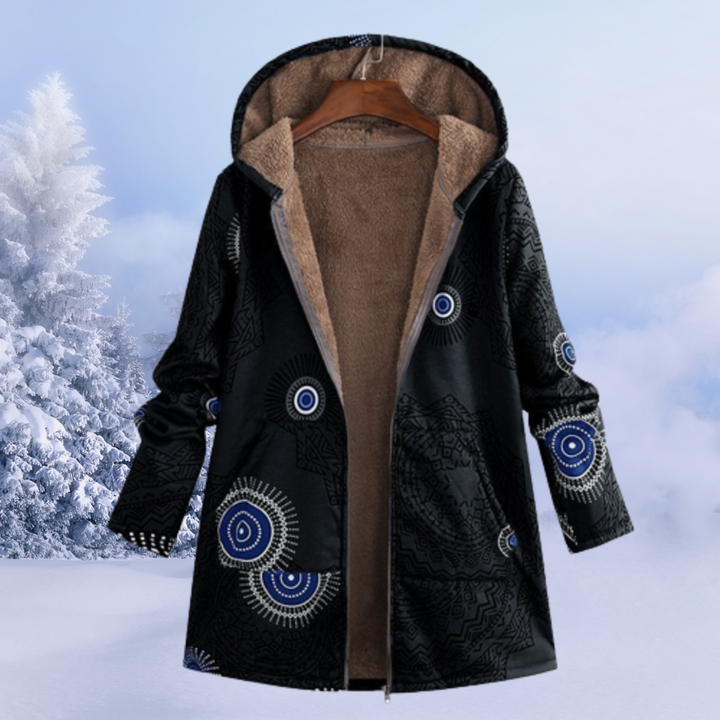 Cozy women's floral print winter jacket with hood, perfect for stylish cold weather apparel.