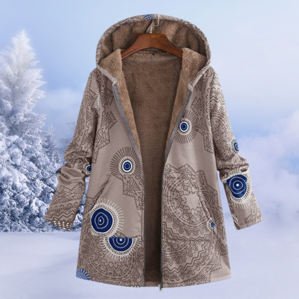 Stylish women's hooded winter jacket featuring a beautiful floral print, ideal for warmth.