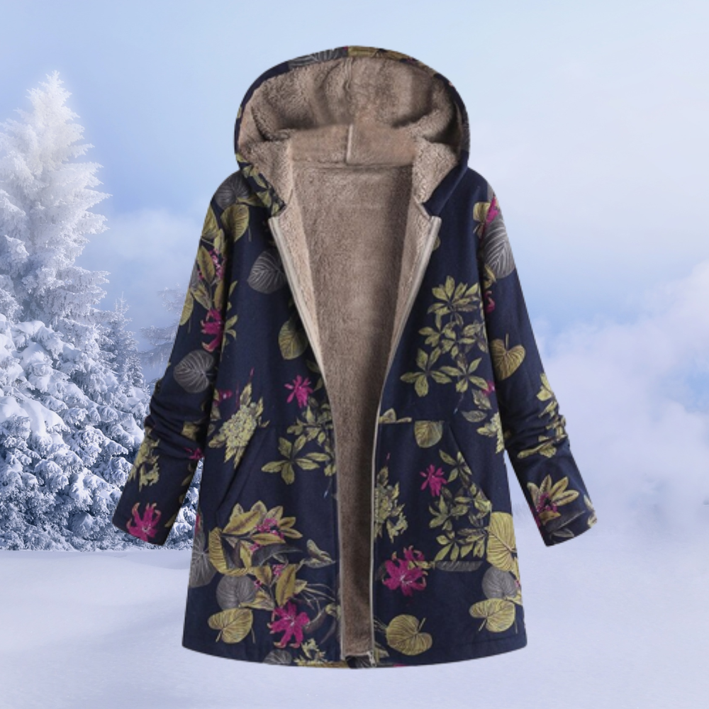 Floral print women's winter jacket, comfortable & warm with a hood for chilly days.