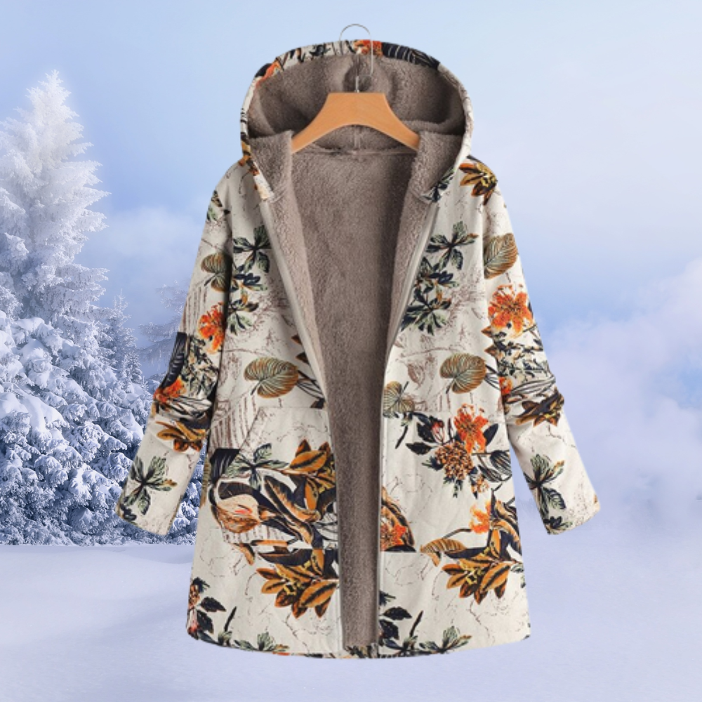 Warm & stylish women's floral hooded jacket for winter, perfect for cold weather fashion.