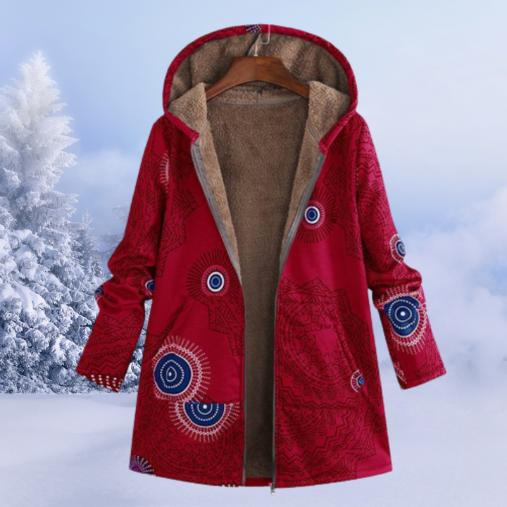 Comfortable women's winter jacket, floral print & hooded, offering cozy warmth.