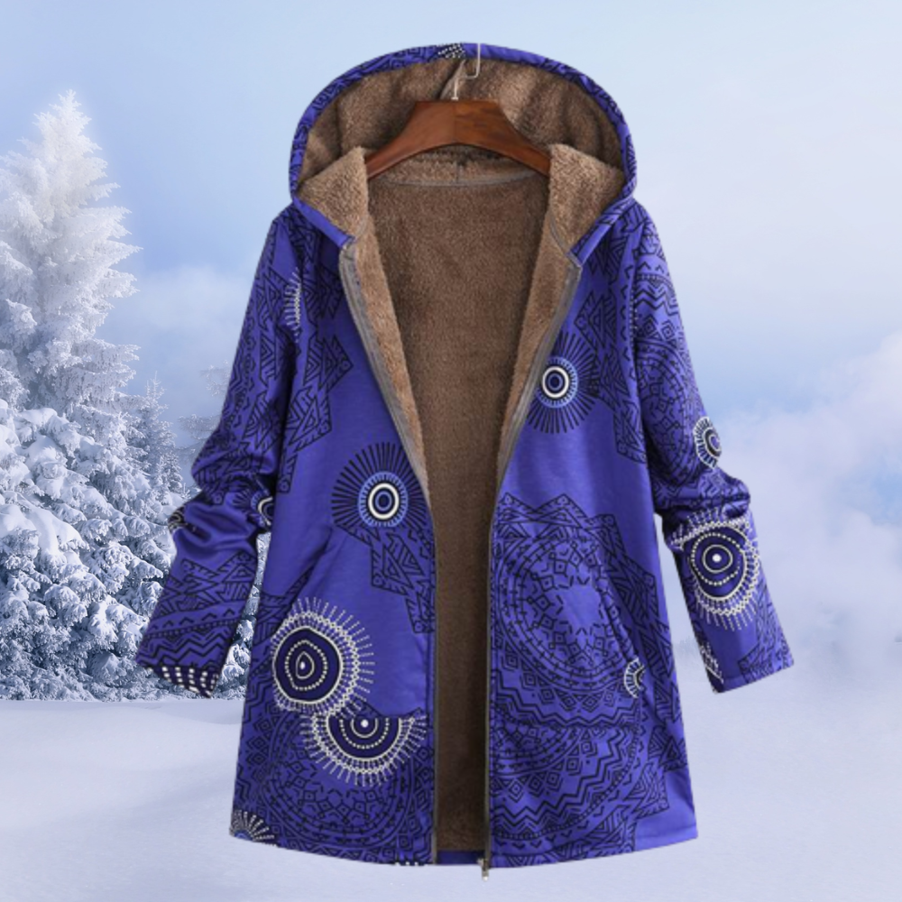 Women's cold weather floral print jacket with a hood, reversible and stylish winter wear.