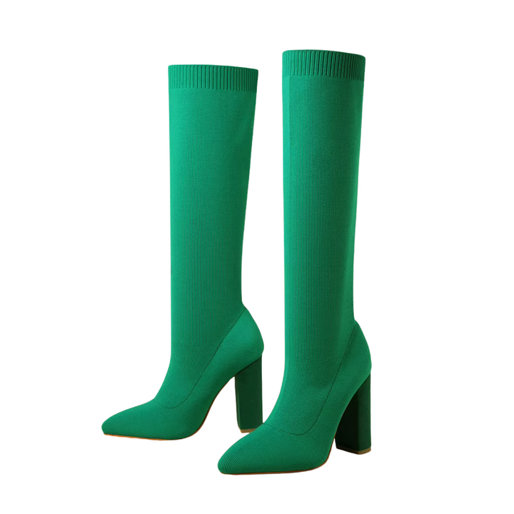 Women's knee-high stretch boots with modern block heel. Stylish tall slip-on footwear for versatile chic looks.