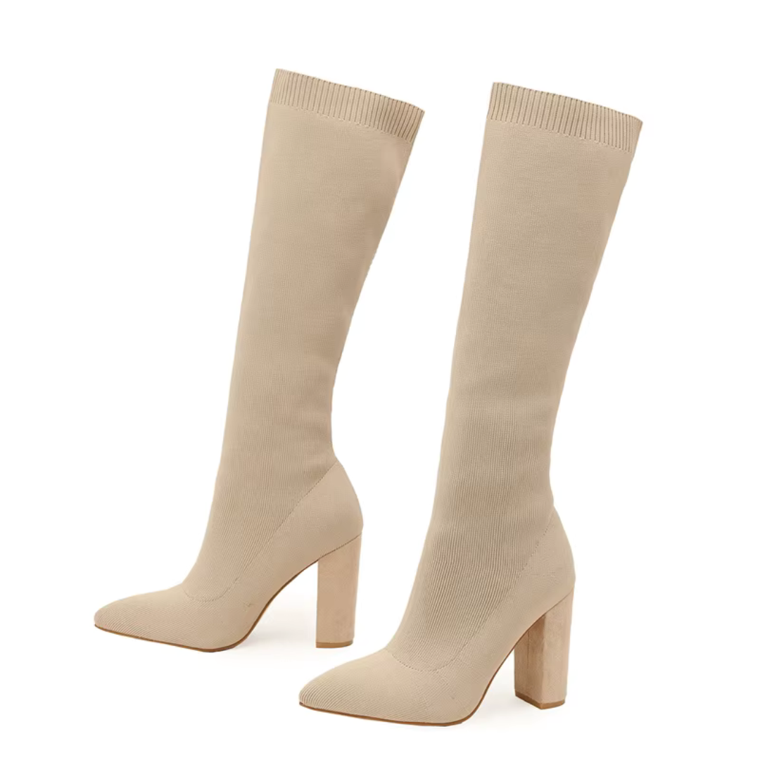 Modern block heel knee-high boots for women. Stylish stretch tall boots, perfect for any outfit.