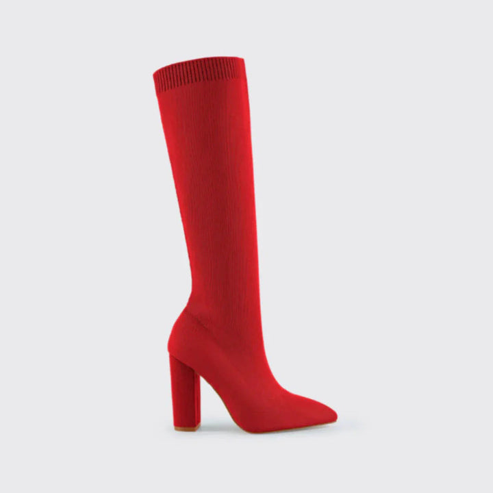 Women's knee-high stretch boots, a chic and versatile slip-on option with a modern block heel.